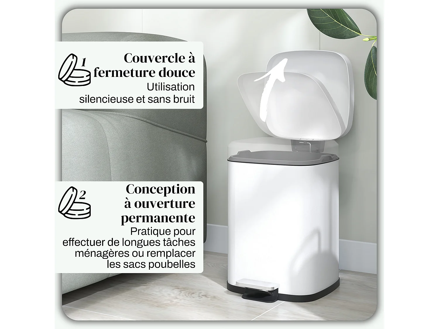 Poubelle de cuisine 12L - poubelle à pédale compartiment seau amovible - acier inox. blanc