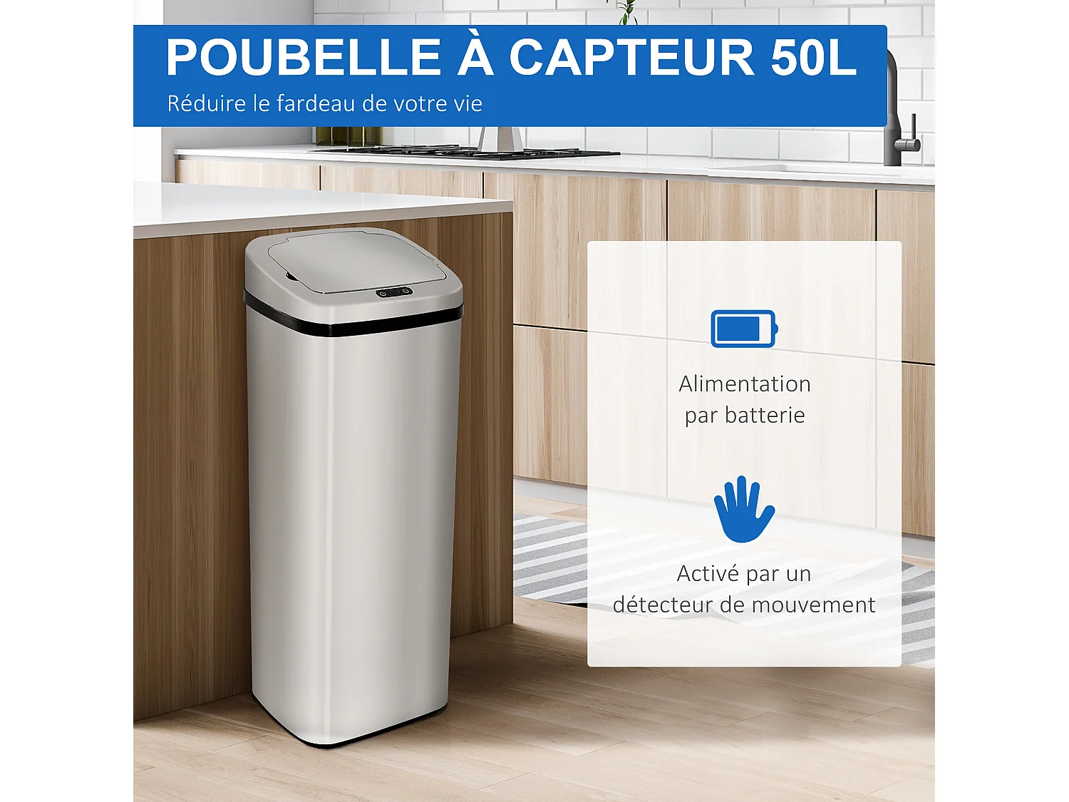 Poubelle à capteur de mouvement ouverture automatique 50L acier inox.