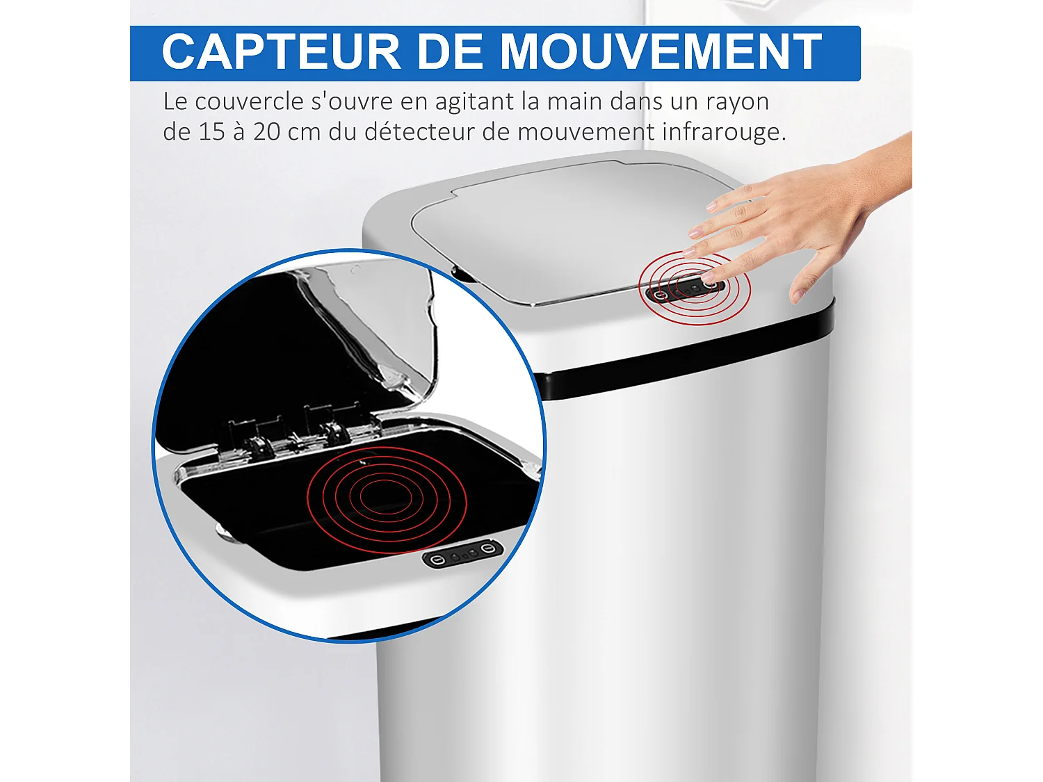 Poubelle à capteur de mouvement ouverture automatique 50L acier inox.