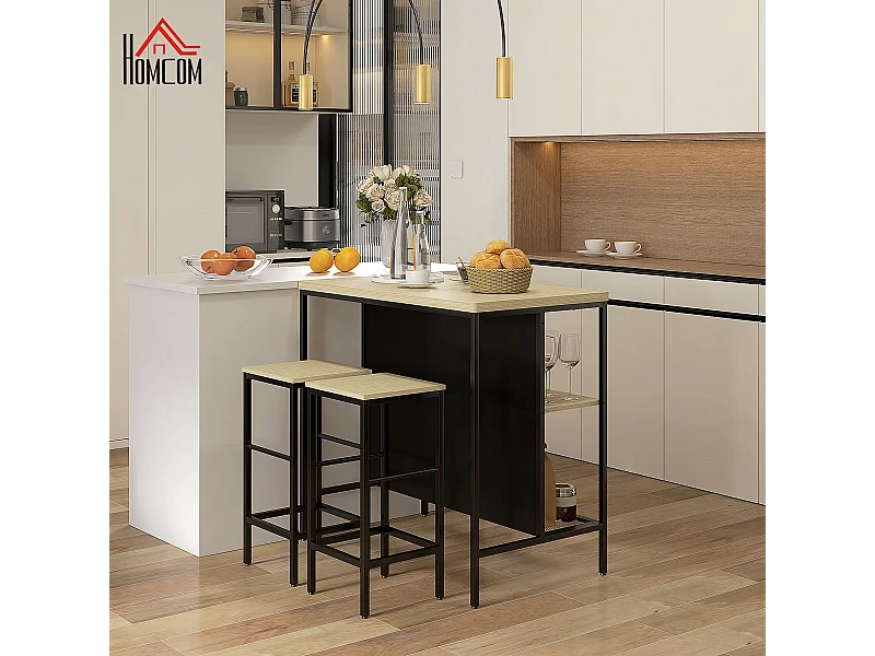 Ensemble table de bar 2 tabourets style industriel - 2 étagères - acier noir aspect bois clair