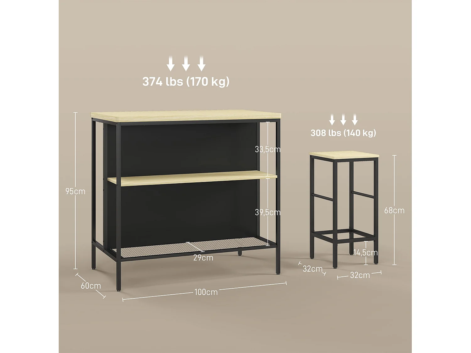 Ensemble table de bar 2 tabourets style industriel - 2 étagères - acier noir aspect bois clair