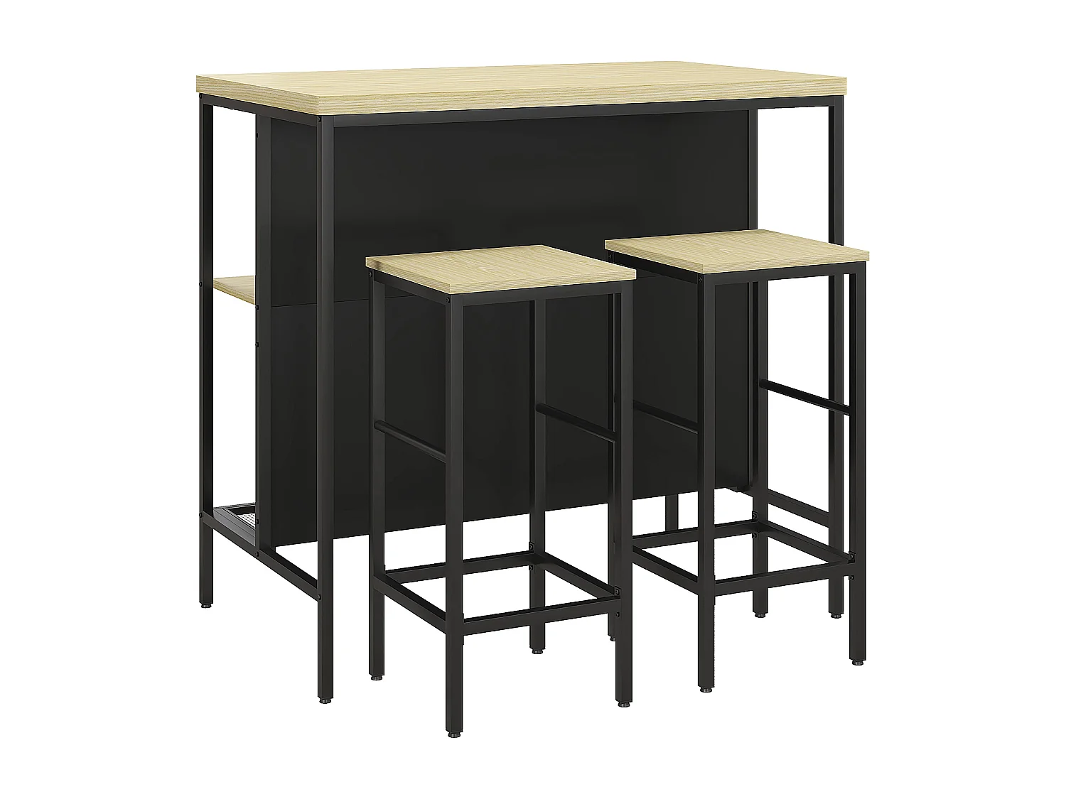 Ensemble table de bar 2 tabourets style industriel - 2 étagères - acier noir aspect bois clair