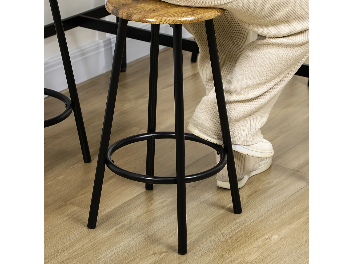 Ensemble table de bar 4 tabourets style industriel métal noir aspect bois vieilli