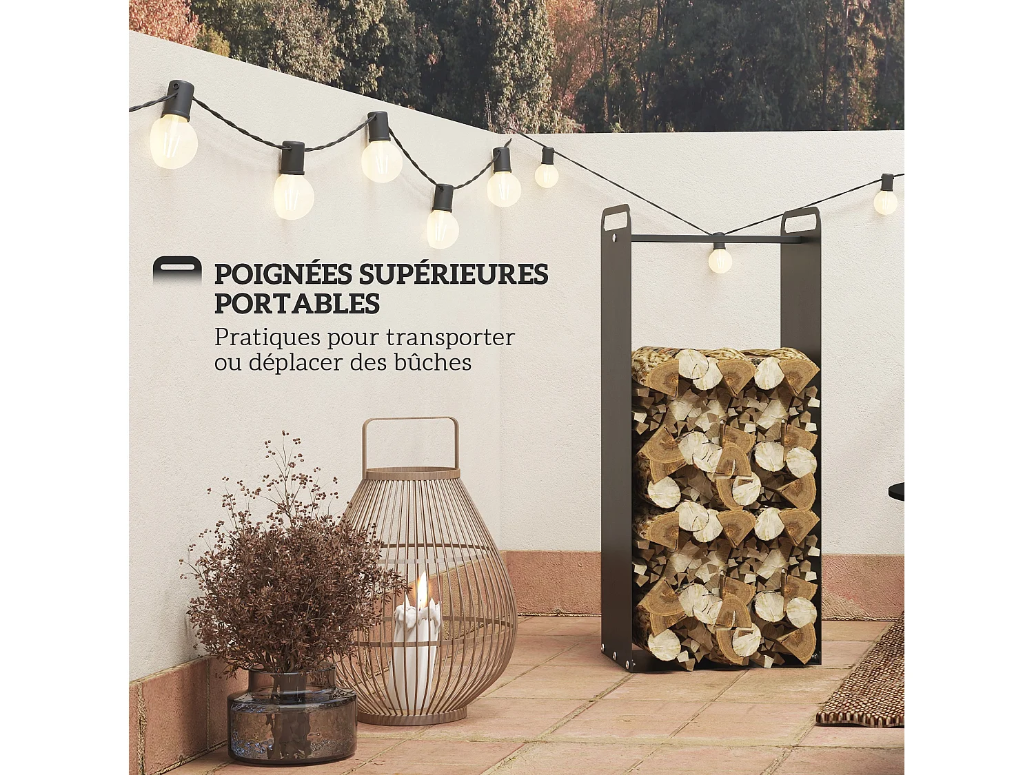 Range-bûches intérieur extérieur - poignées - porte bûches style industriel - dim. 36L x 30l x 90H cm - acier noir