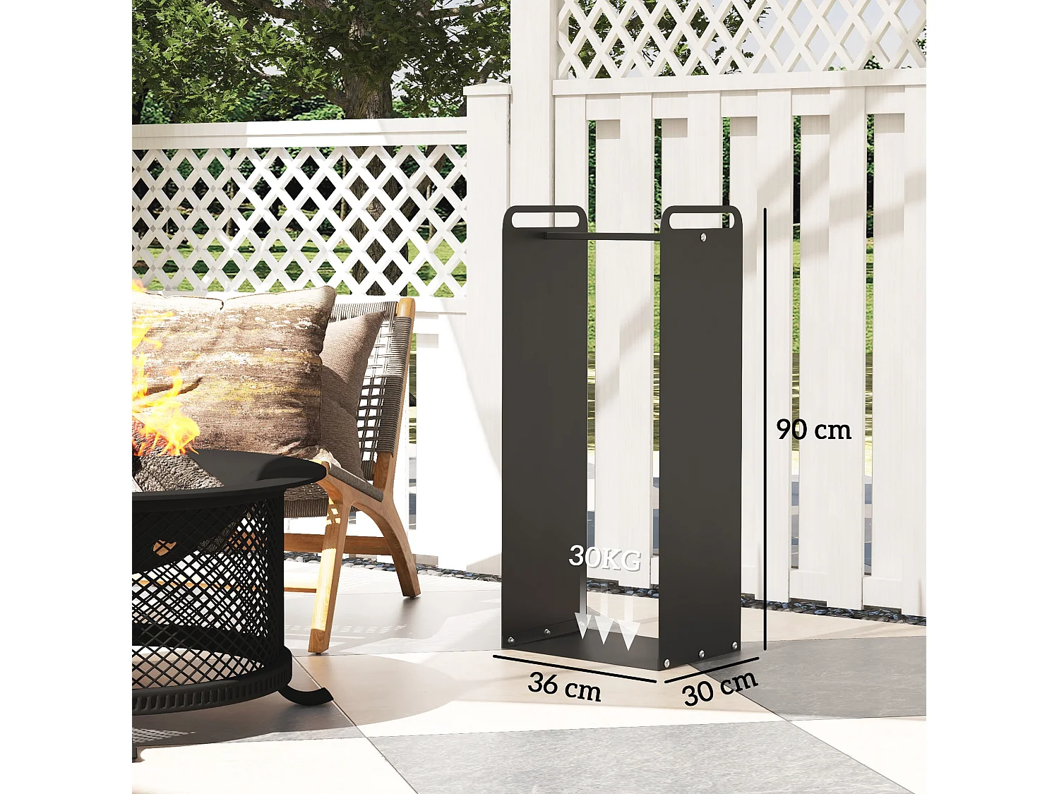 Range-bûches intérieur extérieur - poignées - porte bûches style industriel - dim. 36L x 30l x 90H cm - acier noir