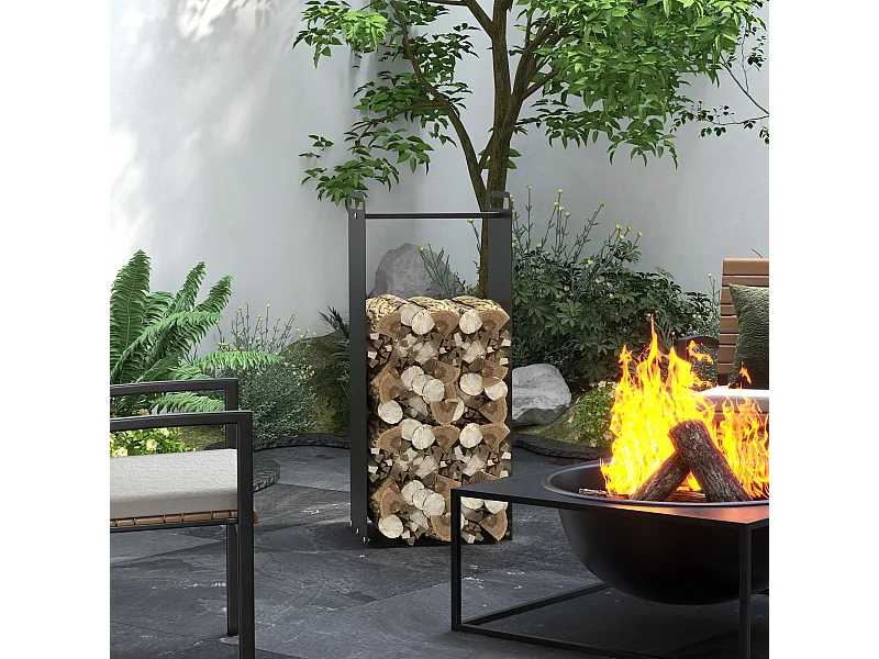 Range-bûches intérieur extérieur - poignées - porte bûches style industriel - dim. 36L x 30l x 90H cm - acier noir