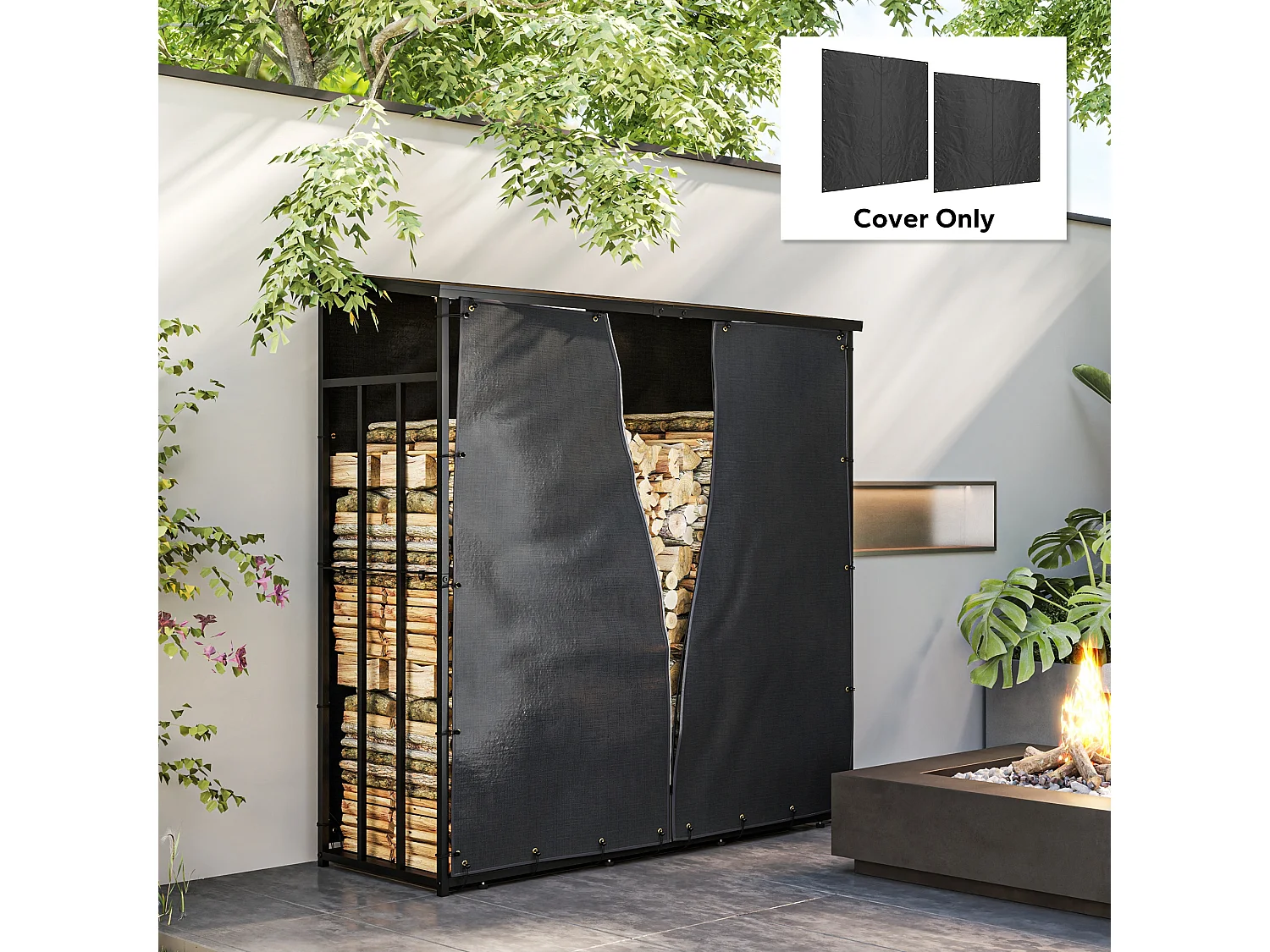 Lot de 2 housses imperméables pour bois de chauffage - housse pour abri de bois de chauffage - Oxford 600D noir