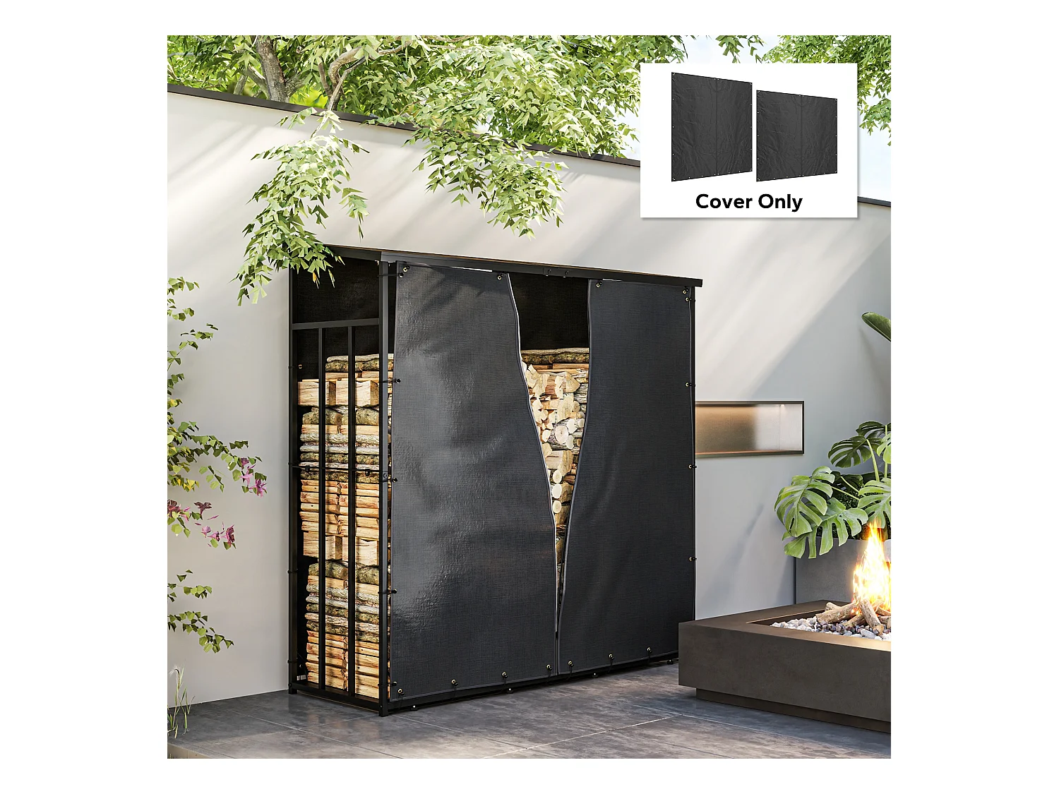 Lot de 2 housses imperméables pour bois de chauffage - housse pour abri de bois de chauffage - Oxford 600D noir