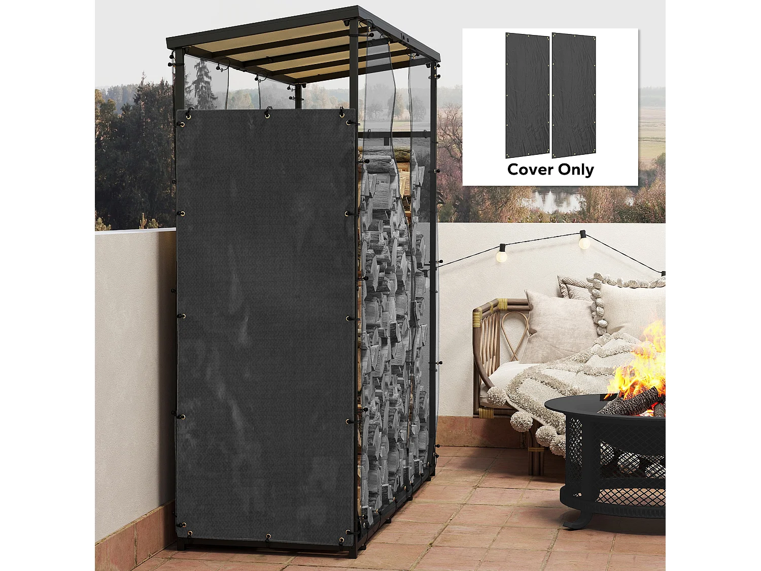 Lot de 2 housses imperméables pour bois de chauffage - housse pour abri de bois de chauffage - dim. 62L x 148H cm - Oxford 600D noir