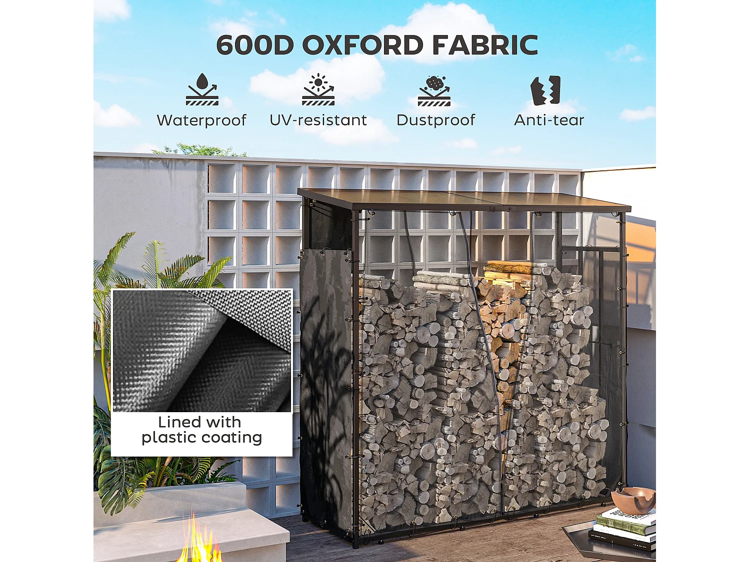 Lot de 2 housses imperméables pour bois de chauffage - housse pour abri de bois de chauffage - dim. 62L x 148H cm - Oxford 600D noir