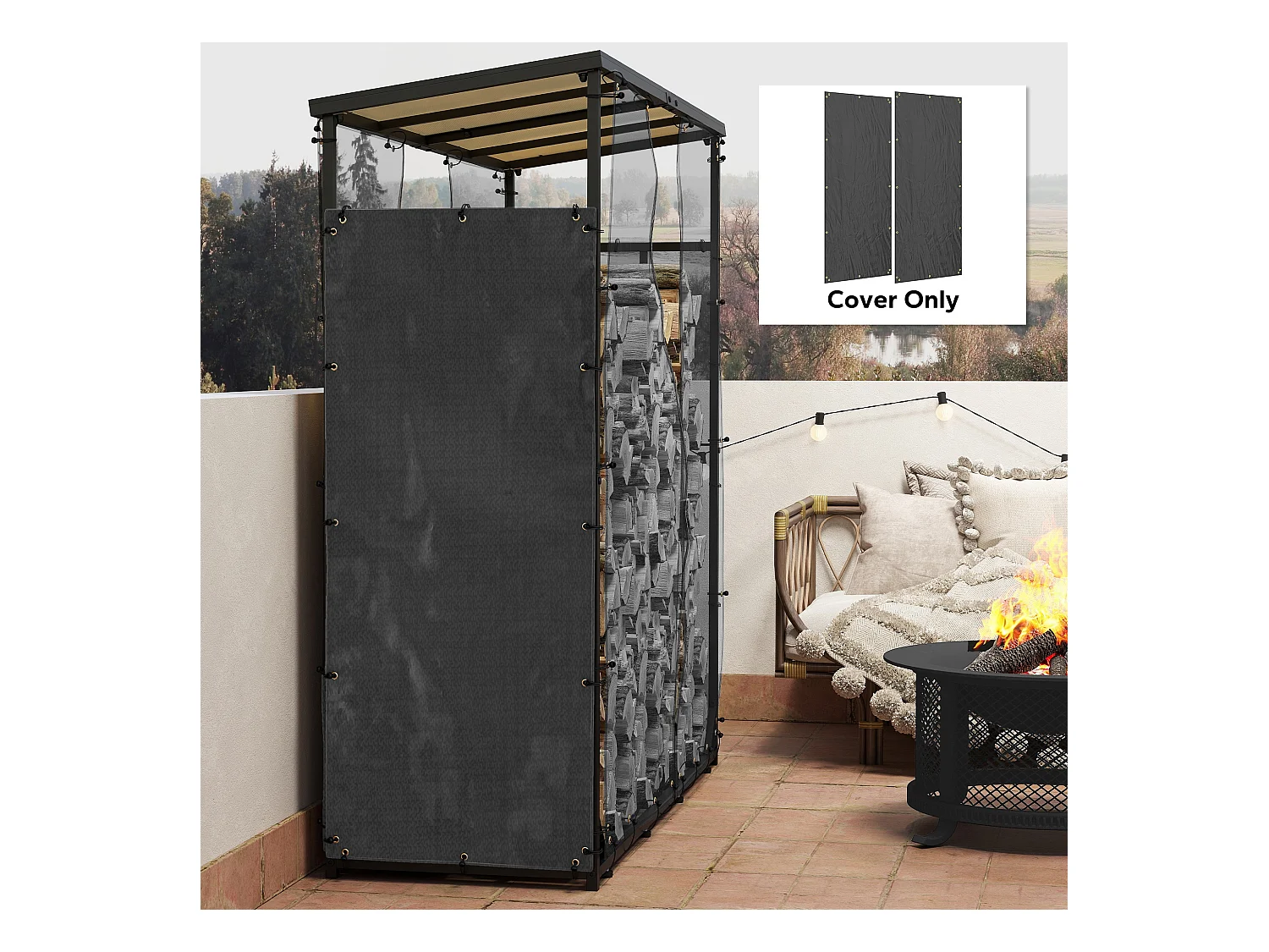 Lot de 2 housses imperméables pour bois de chauffage - housse pour abri de bois de chauffage - dim. 62L x 148H cm - Oxford 600D noir