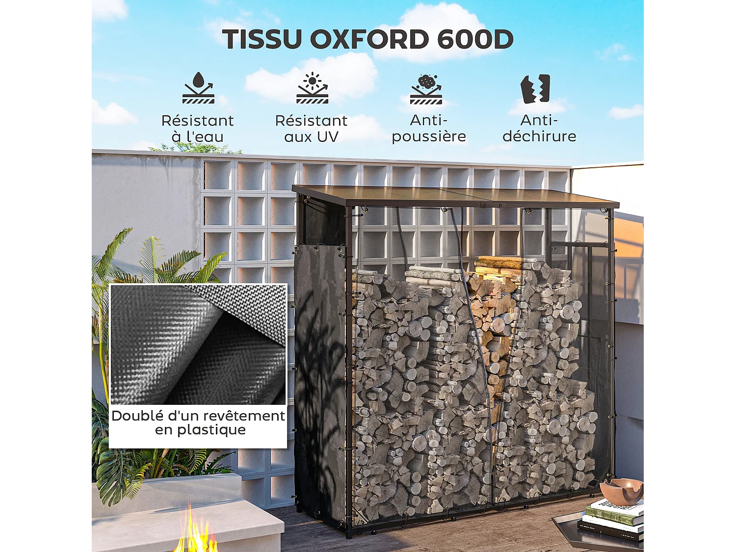 Lot de 2 housses imperméables pour bois de chauffage - housse pour abri de bois de chauffage - dim. 62L x 148H cm - Oxford 600D noir