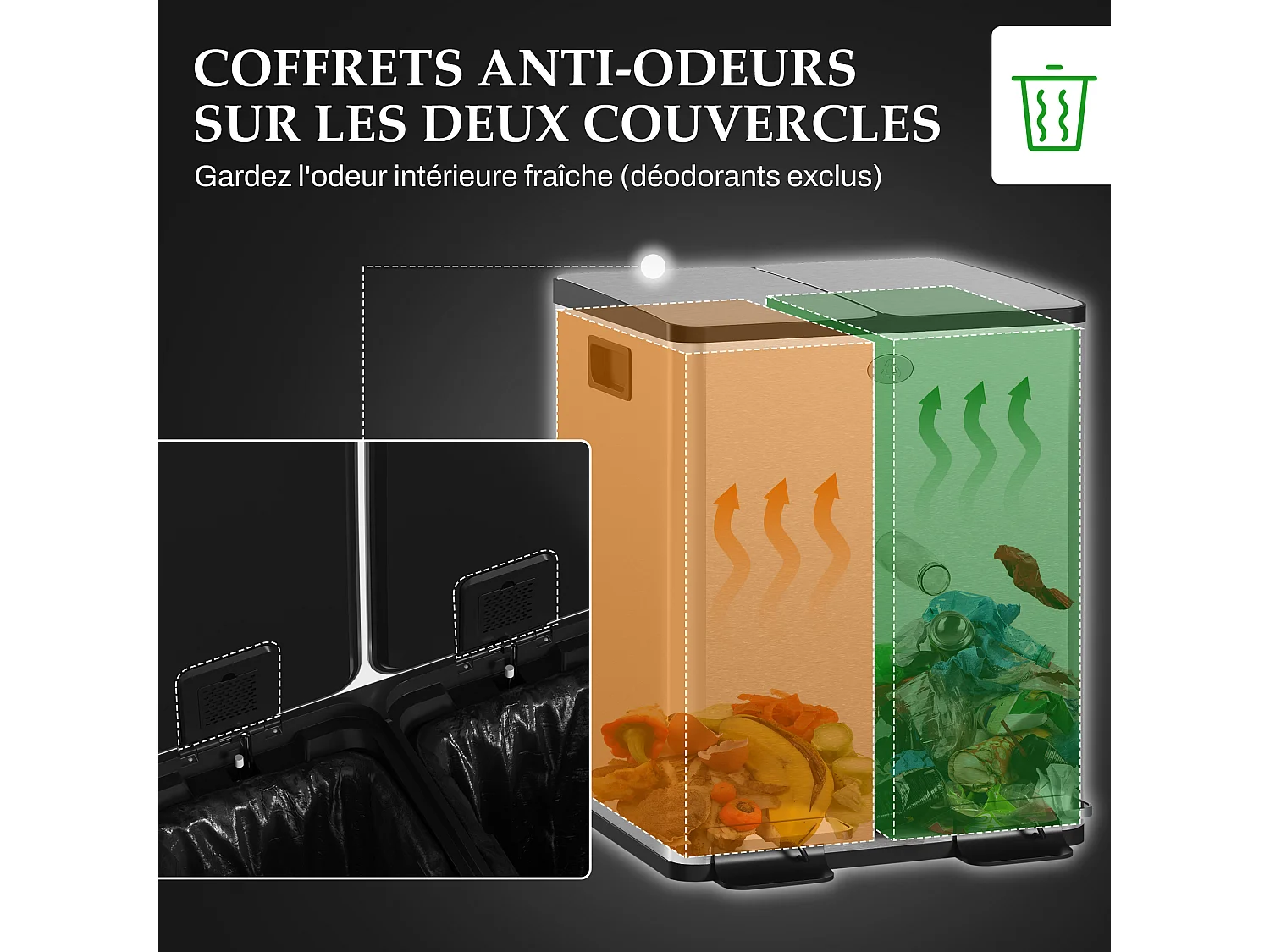 Poubelle automatique détecteur de mouvement poubelle tri selectif 2 bacs capacité totale 30L acier inox. brossé