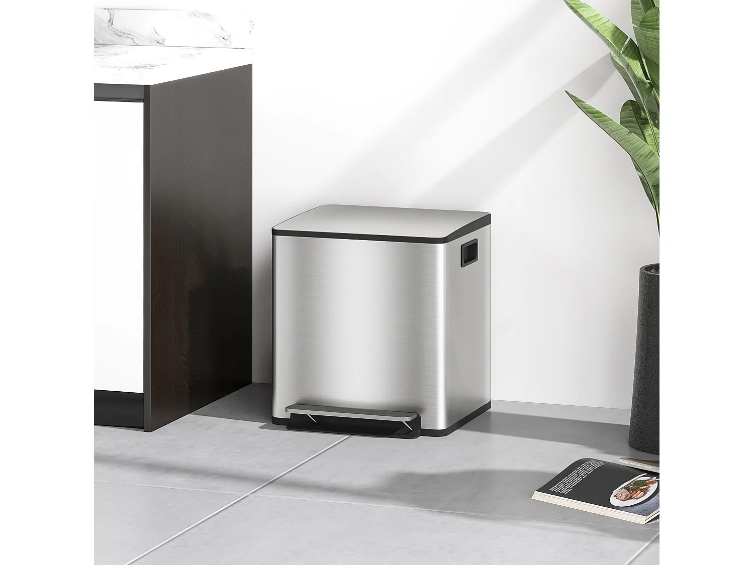 Poubelle de cuiine de 2 x 15L poubelle à pédale 2 compartiment, en acier inoxydable avec couvercle à fermeture douce, eaux amovible, 41,8L x 36,7l x 44H cm argenté