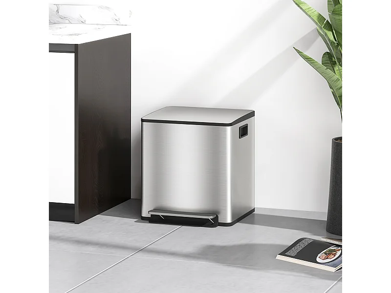 Poubelle de cuiine de 2 x 15L poubelle à pédale 2 compartiment, en acier inoxydable avec couvercle à fermeture douce, eaux amovible, 41,8L x 36,7l x 44H cm argenté
