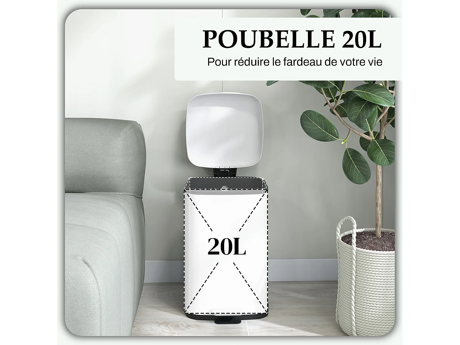 Poubelle de cuisine 20L poubelle à pédale en acier inoxydable avec couvercle à fermeture douce, compacte, seau intérieur amovible, 28L x 35l x 45H cm, blanc