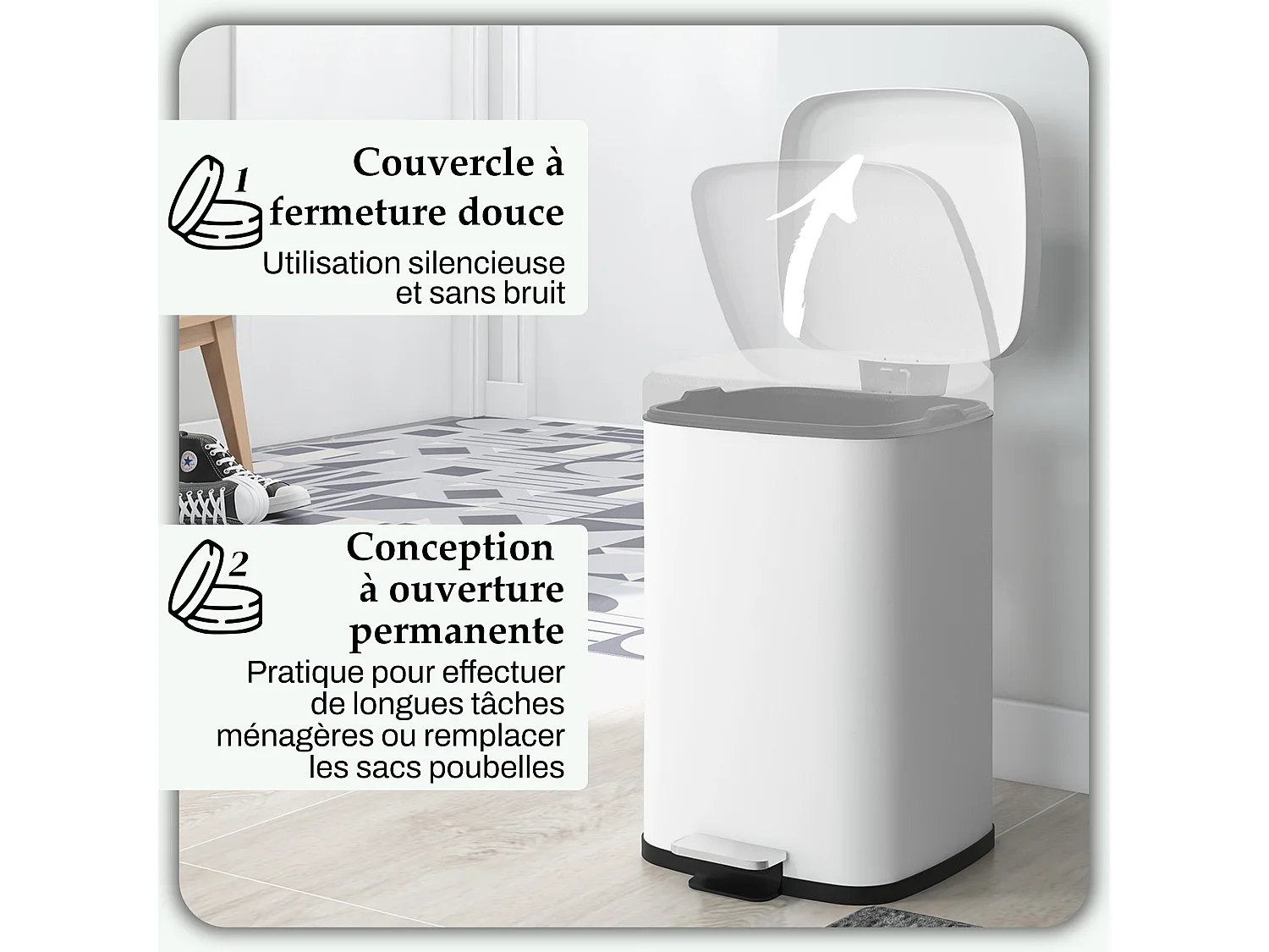 Poubelle de cuisine 20L poubelle à pédale en acier inoxydable avec couvercle à fermeture douce, compacte, seau intérieur amovible, 28L x 35l x 45H cm, blanc