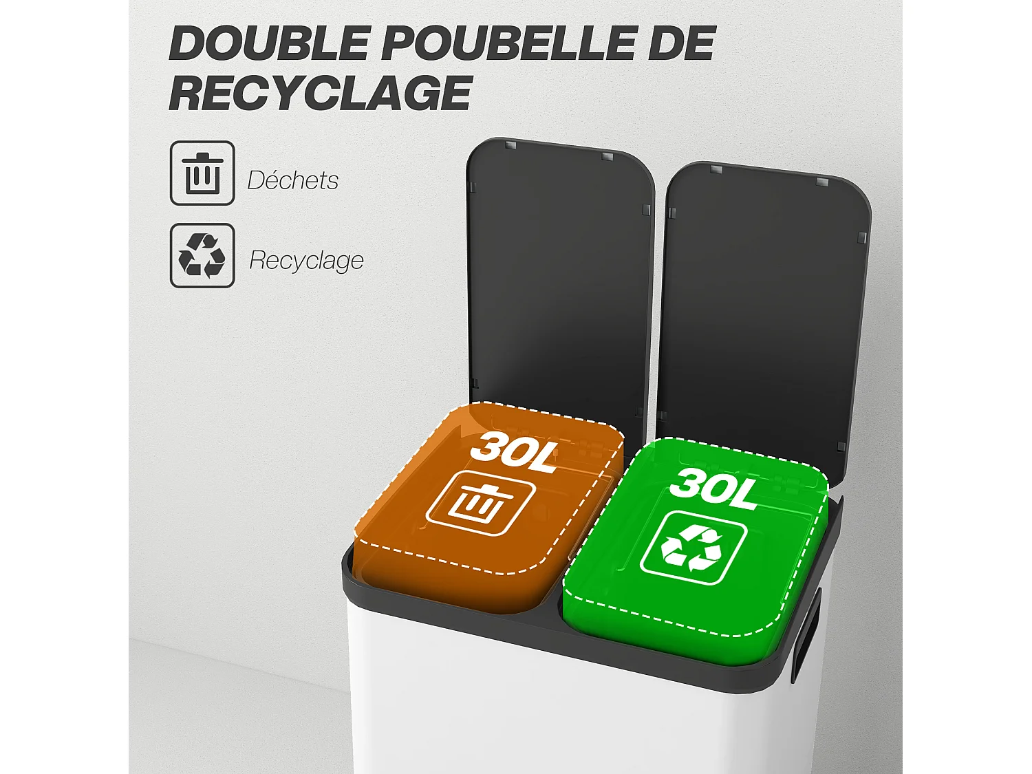 Poubelle de cuisine 2 x 30L - poubelle à pédale 2 compartiments seaux amovibles - acier inox. blanc