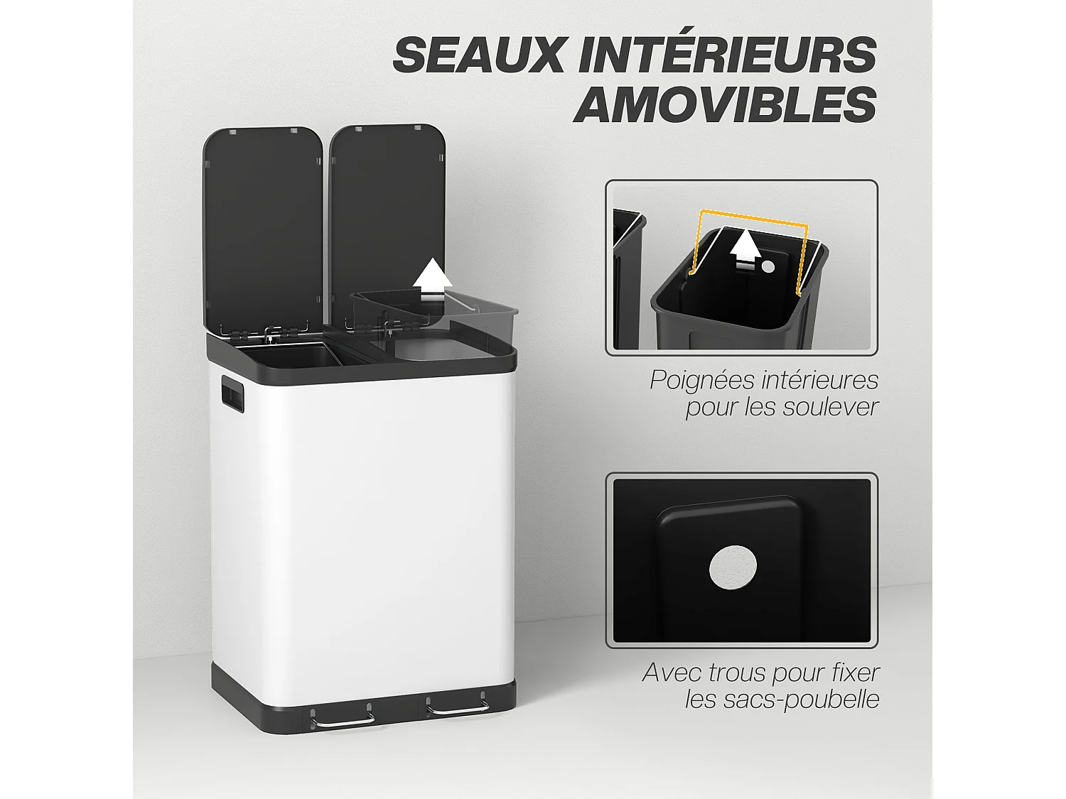 Poubelle de cuisine 2 x 30L - poubelle à pédale 2 compartiments seaux amovibles - acier inox. blanc