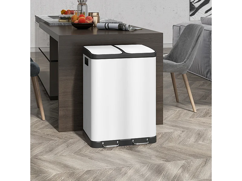 Poubelle de cuisine 2 x 30L - poubelle à pédale 2 compartiments seaux amovibles - acier inox. blanc