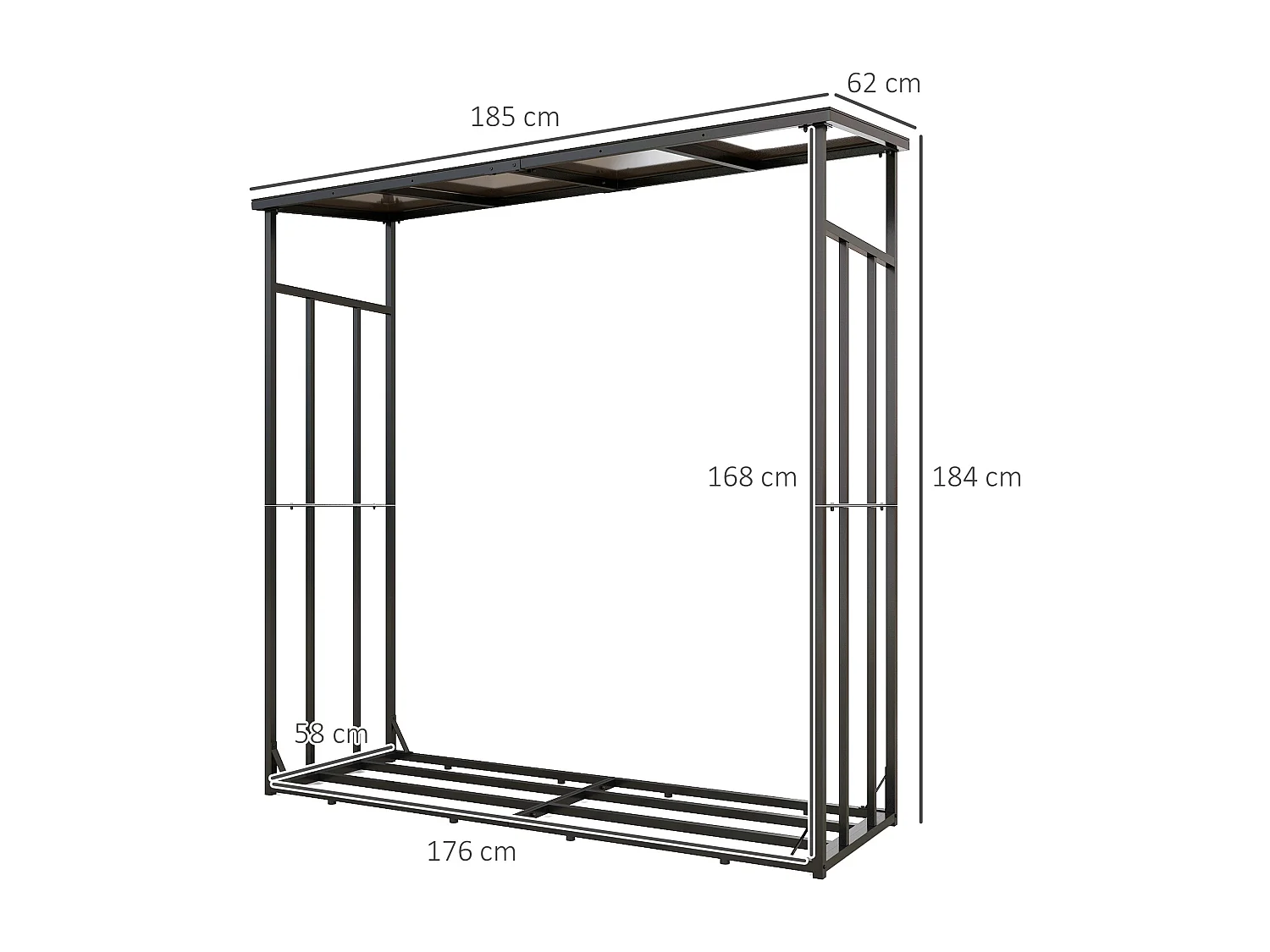 Abri bûches range bûches avec toit - 4 housses incluses - charge max. 2T - dim. 185L x 62l x 184H cm - métal noir