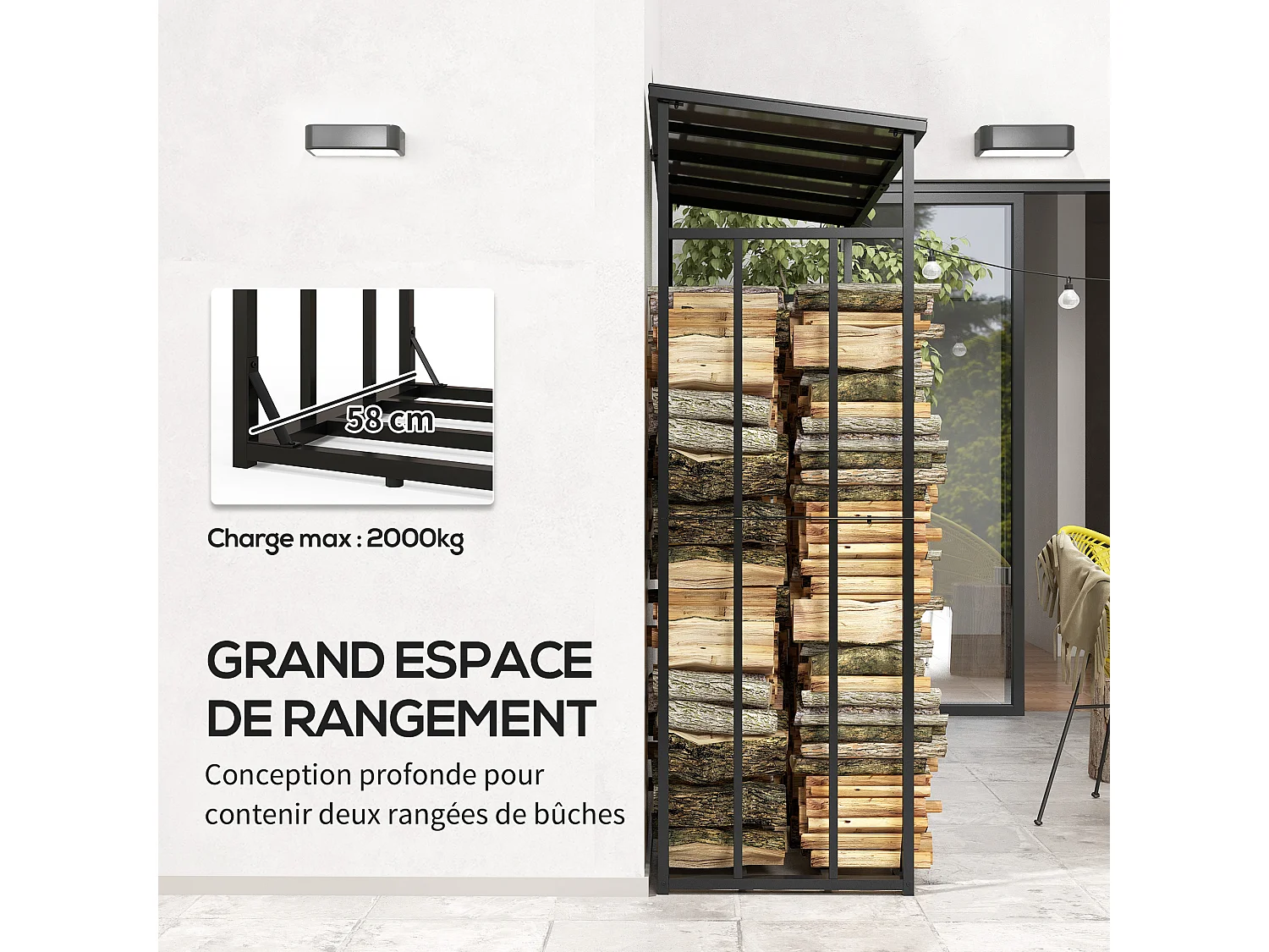 Abri bûches range bûches avec toit - 4 housses incluses - charge max. 2T - dim. 185L x 62l x 184H cm - métal noir