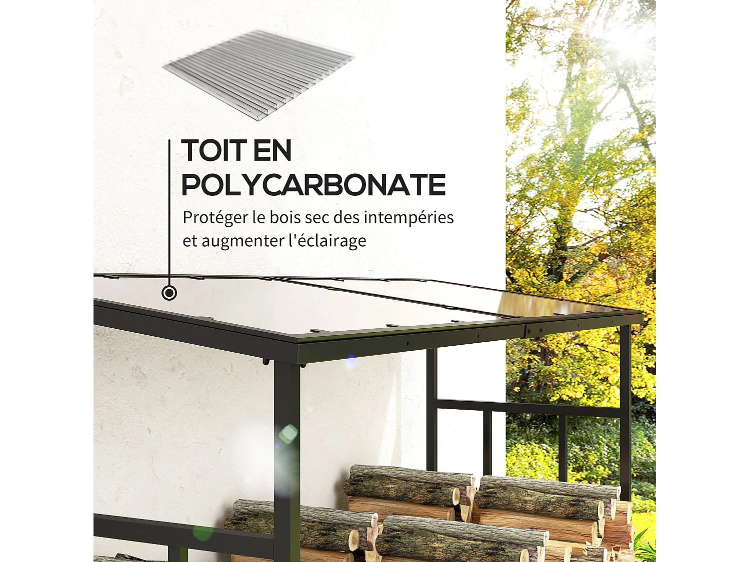 Abri bûches range bûches avec toit - 4 housses incluses - charge max. 2T - dim. 185L x 62l x 184H cm - métal noir
