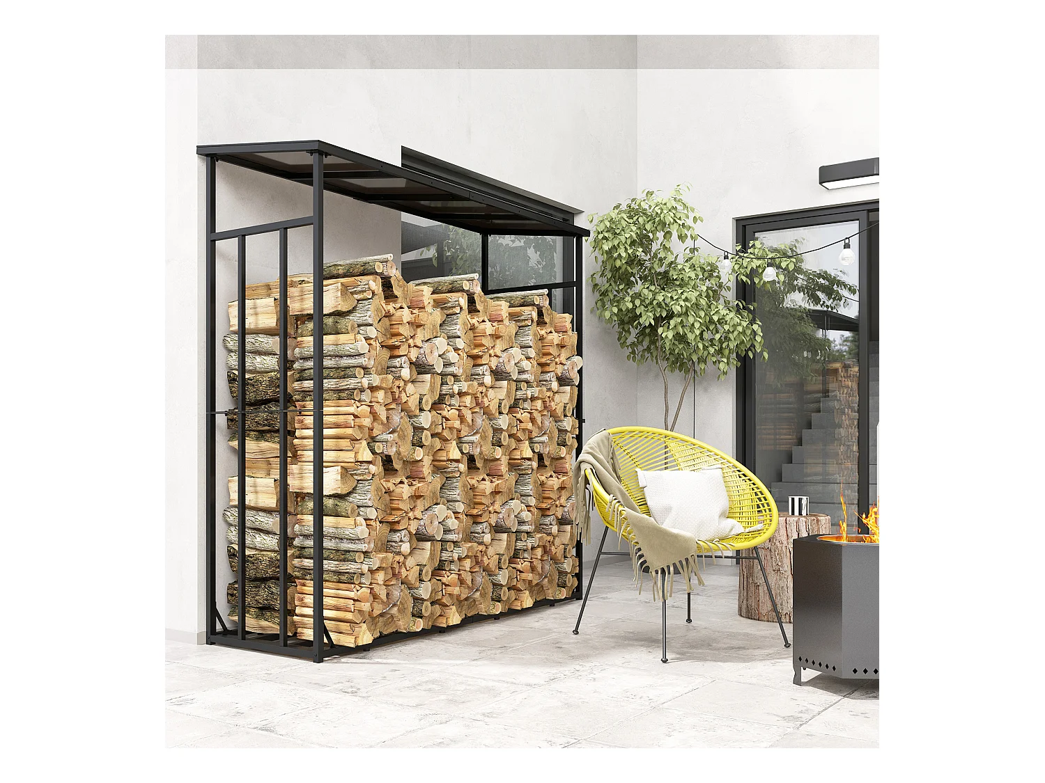 Abri bûches range bûches avec toit - 4 housses incluses - charge max. 2T - dim. 185L x 62l x 184H cm - métal noir