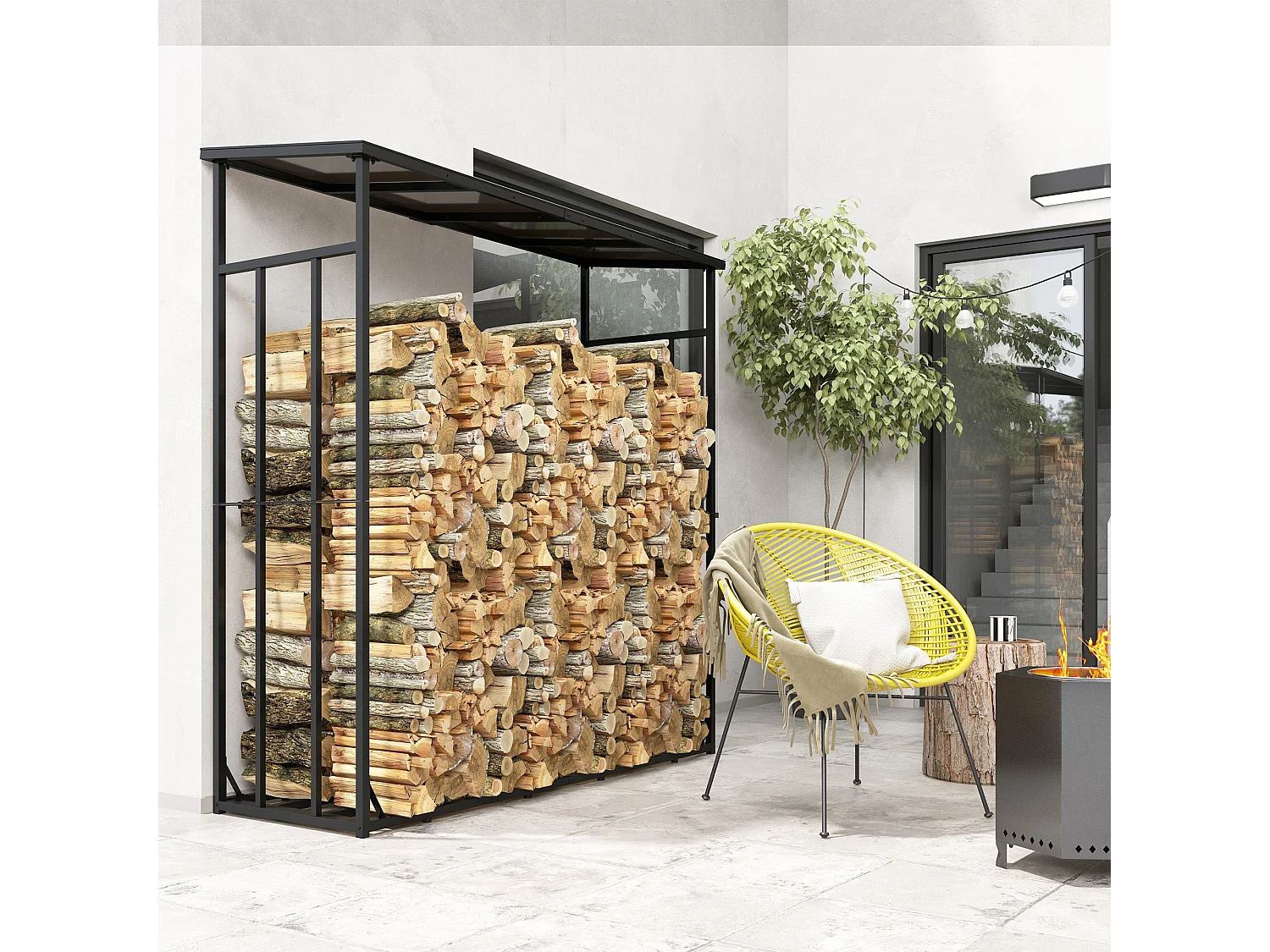 Abri bûches range bûches avec toit - 4 housses incluses - charge max. 2T - dim. 185L x 62l x 184H cm - métal noir