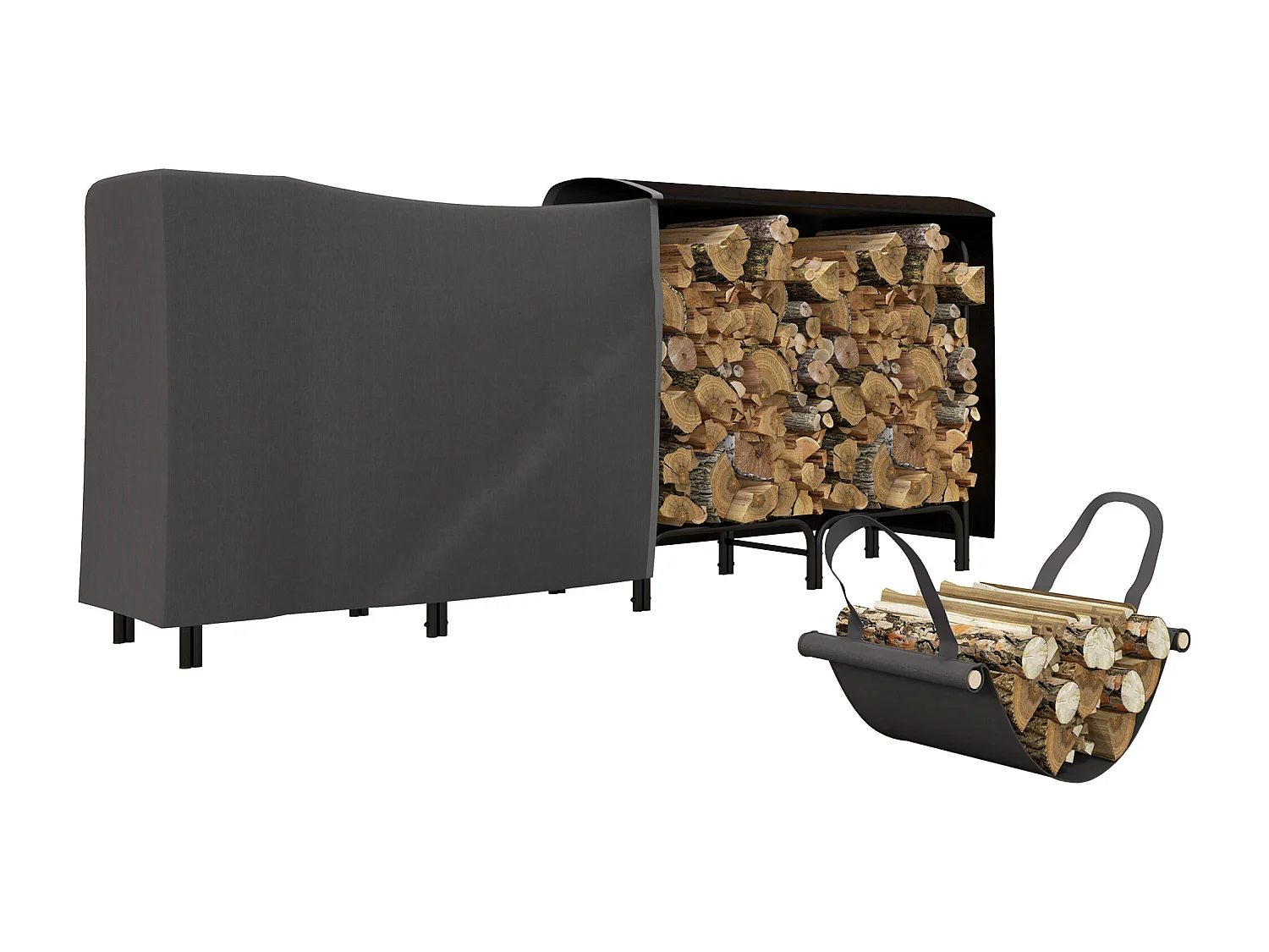 Porte-bûches - range-bûches - dim. 240L x 36l x 99H cm - sac de transport, housse inclus - métal noir