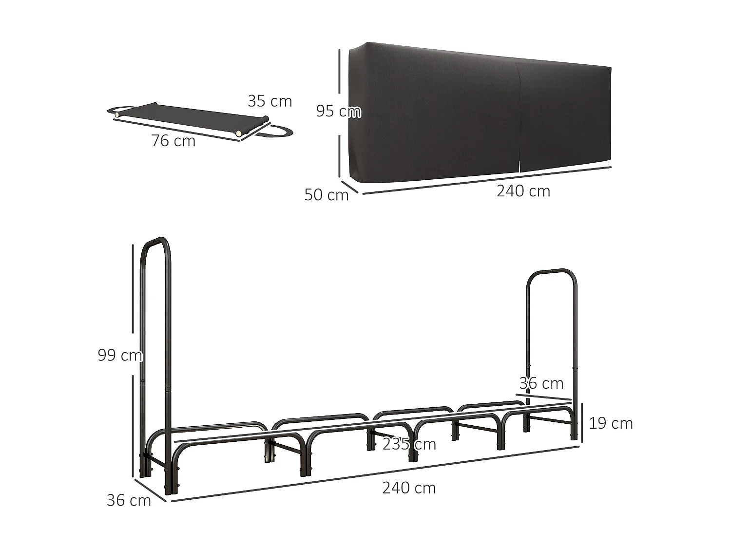 Porte-bûches - range-bûches - dim. 240L x 36l x 99H cm - sac de transport, housse inclus - métal noir