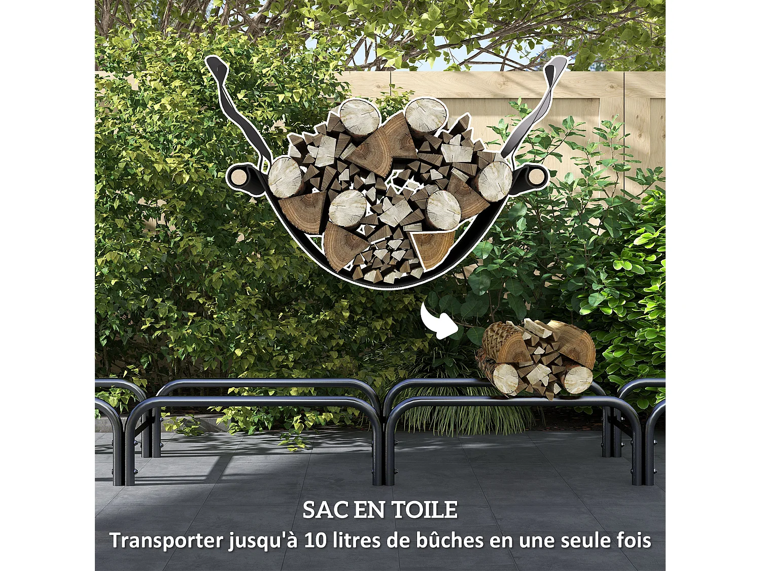 Porte-bûches - range-bûches - dim. 240L x 36l x 99H cm - sac de transport, housse inclus - métal noir