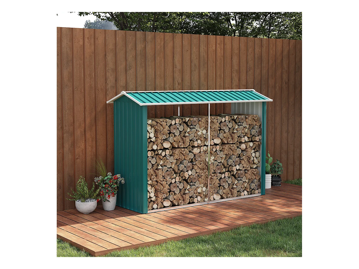 Abri bûches de stockage pour bois de chauffage - 240L x 86l x 160H cm - tôle acier galvanisé vert