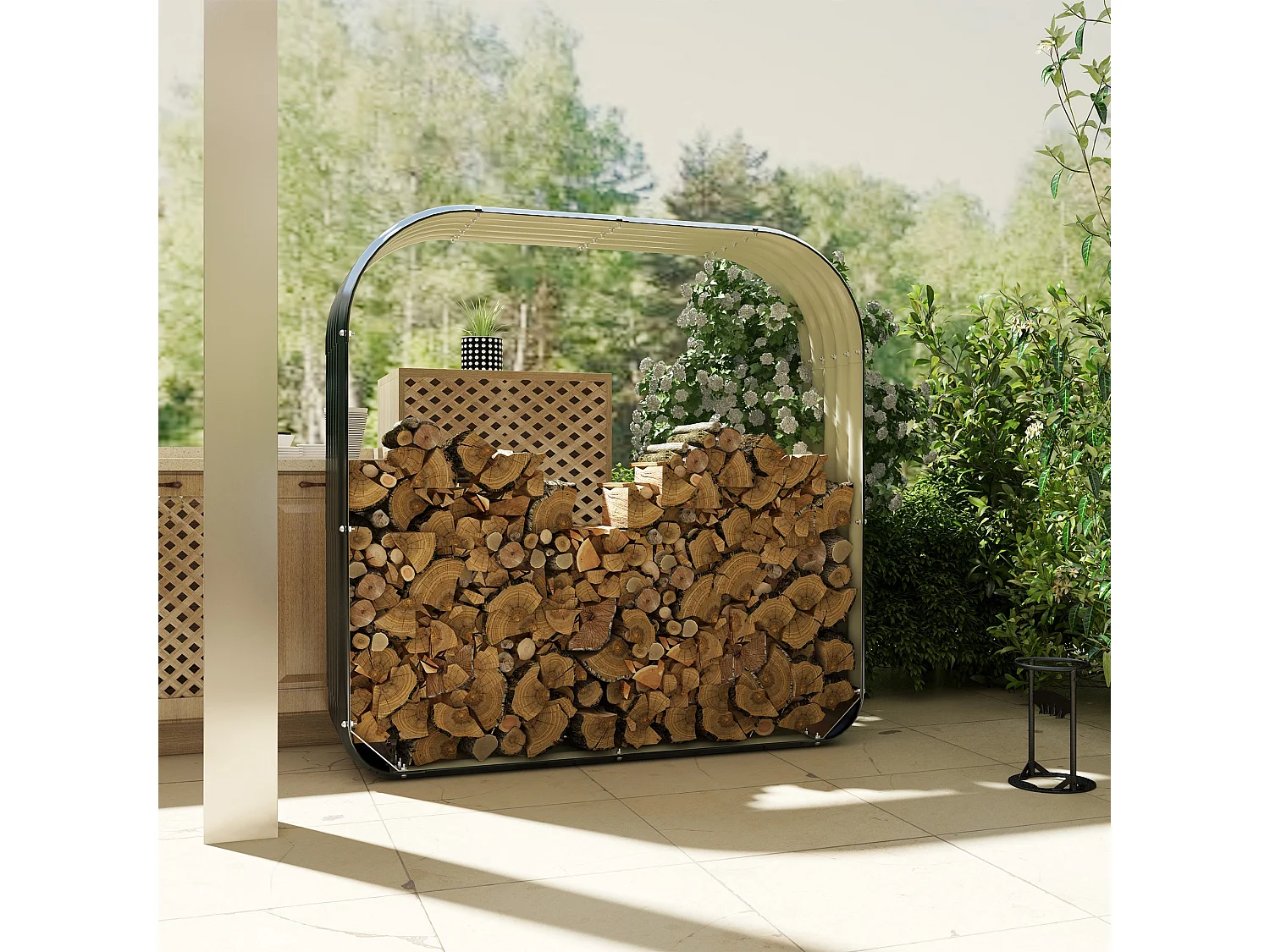 Stockage de bûches abri à bûches extérieur dim. 145L x 43l x 145H cm rebords caoutchoutés acier galvanisé ondulé antracite