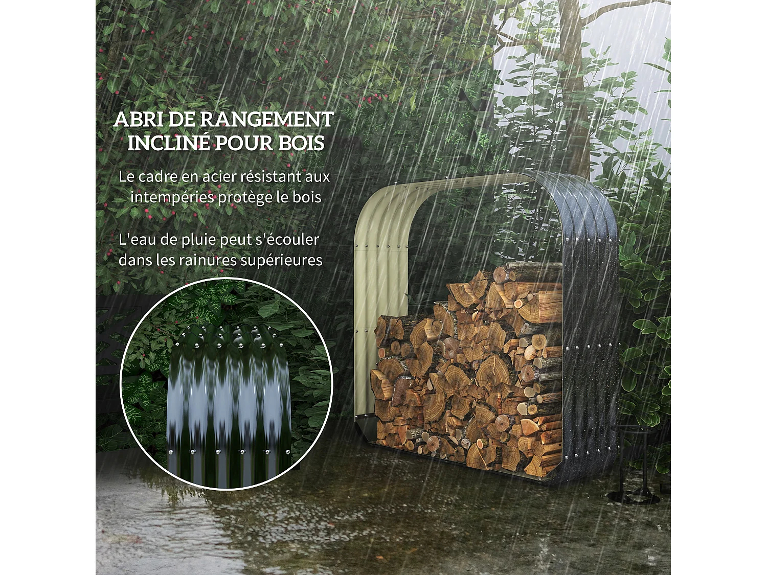 Stockage de bûches abri à bûches extérieur dim. 145L x 43l x 145H cm rebords caoutchoutés acier galvanisé ondulé antracite