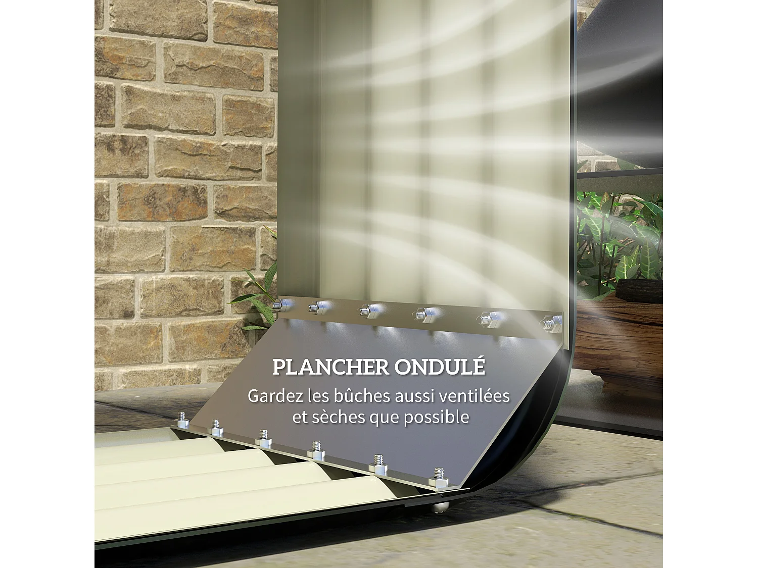 Stockage de bûches abri à bûches extérieur dim. 145L x 43l x 145H cm rebords caoutchoutés acier galvanisé ondulé antracite