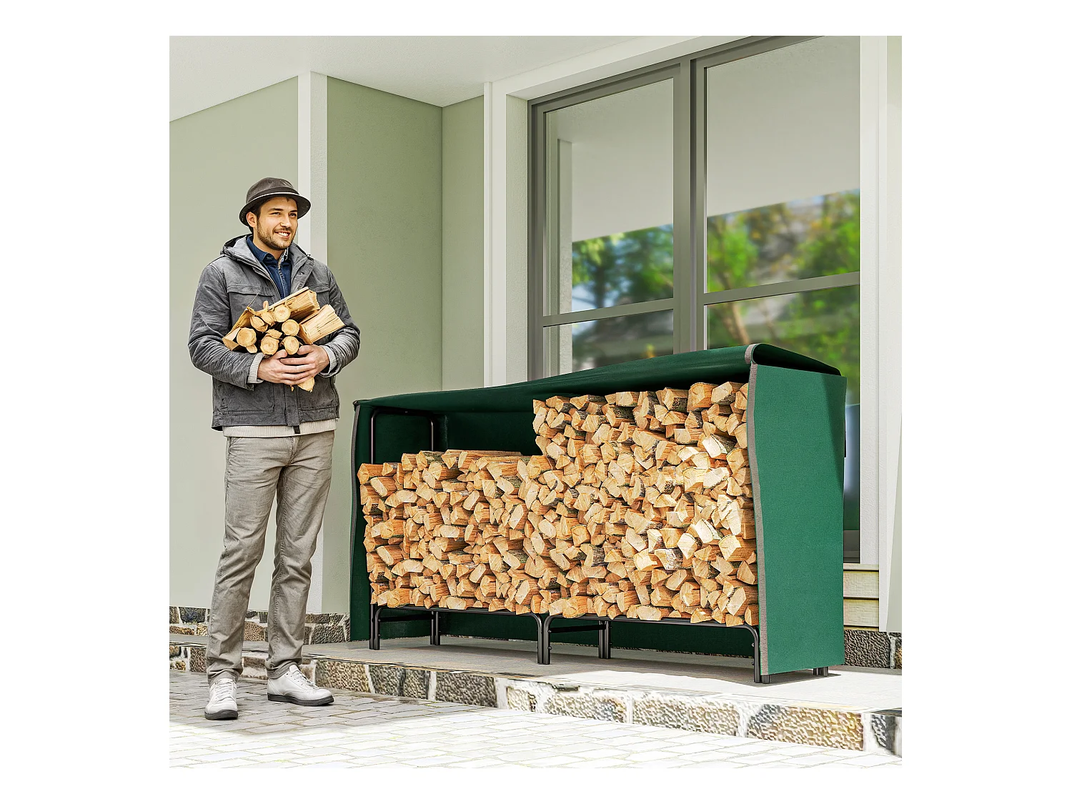 Porte-bûches - range-bûches - dim. 200L x 36l x 99H cm - housse incluse verte - métal noir