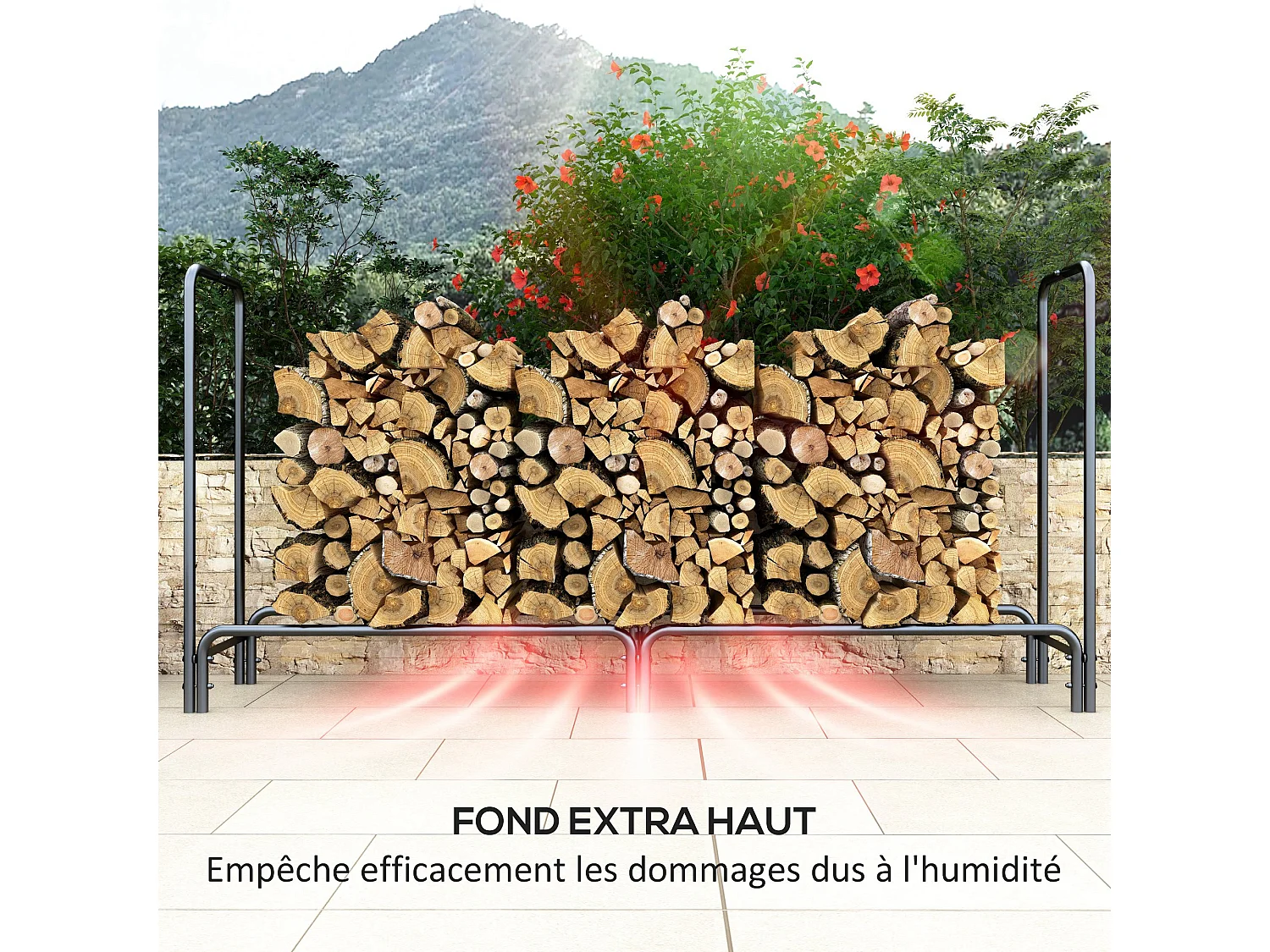 Porte-bûches - range-bûches - dim. 200L x 36l x 99H cm - housse incluse verte - métal noir