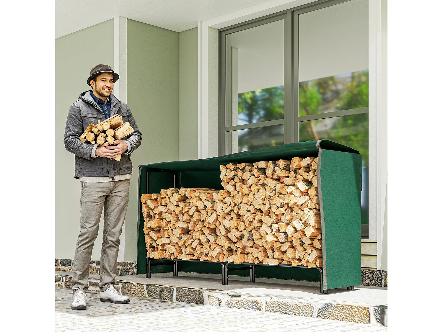 Porte-bûches - range-bûches - dim. 200L x 36l x 99H cm - housse incluse verte - métal noir