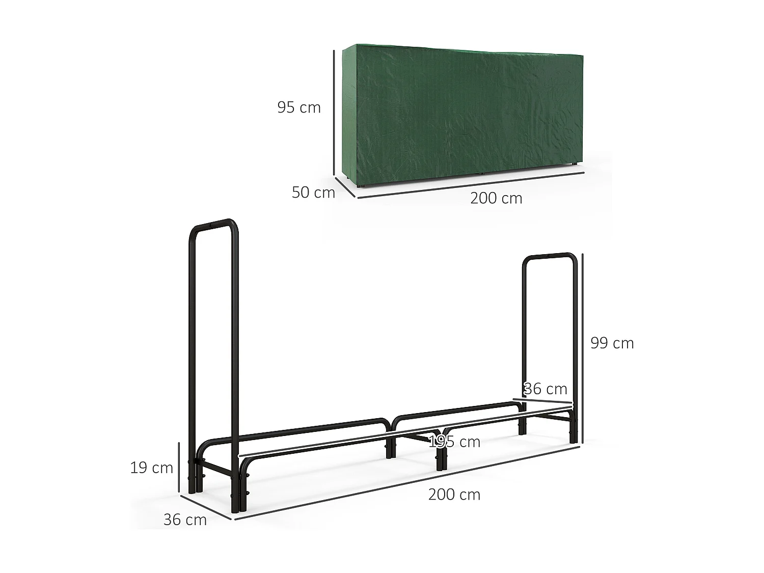 Porte-bûches - range-bûches - dim. 200L x 36l x 99H cm - housse incluse verte - métal noir