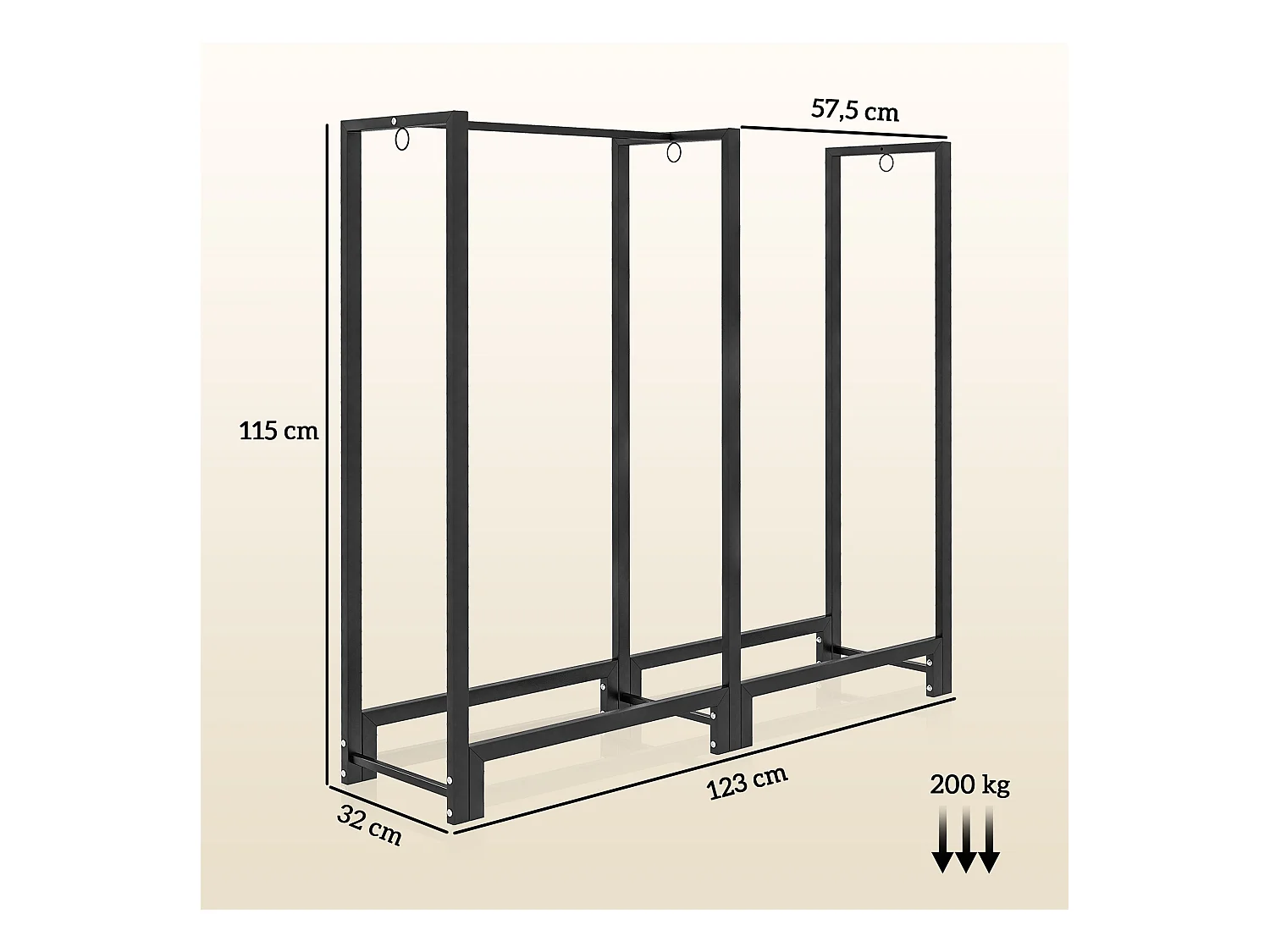 Range-bûches intérieur extérieur sur pied - 2 compartiments 3 crochets - dim. 123L x 32l x 115H cm - acier noir