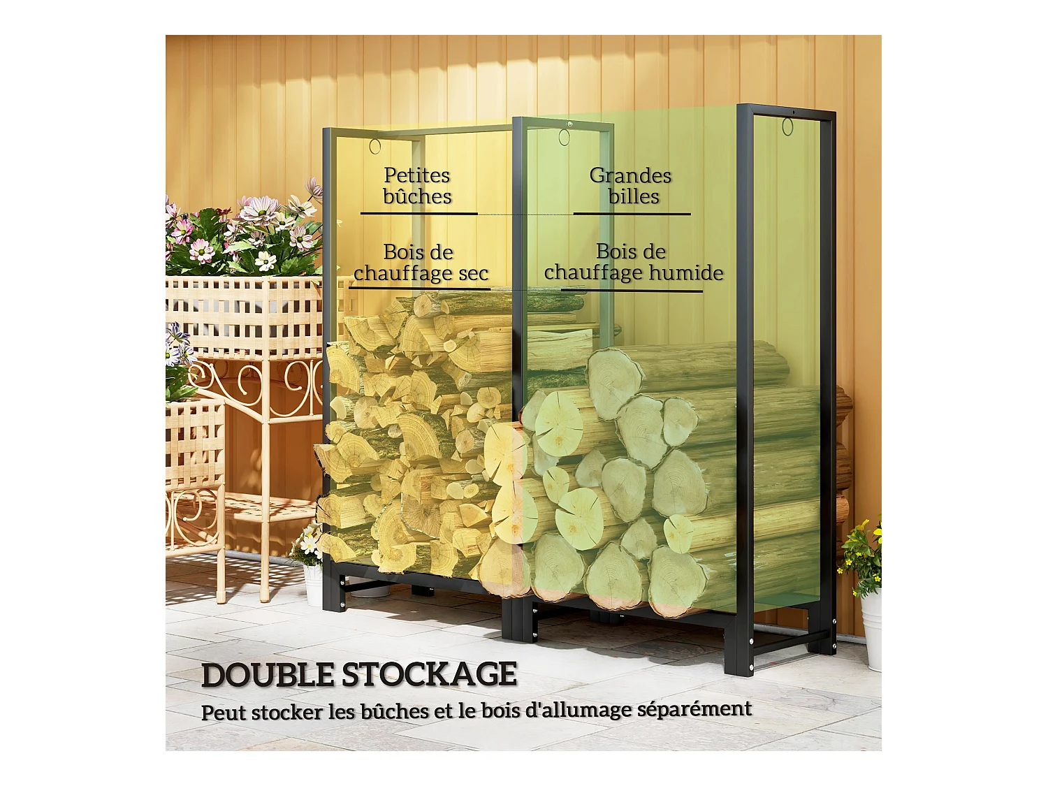 Range-bûches intérieur extérieur sur pied - 2 compartiments 3 crochets - dim. 123L x 32l x 115H cm - acier noir