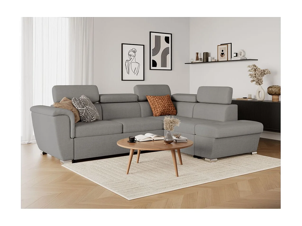 Canapé d'angle droit convertible 4 places Paola avec coffre en tissu - Gris clair - L252 x P188 x H76cm - Loungitude