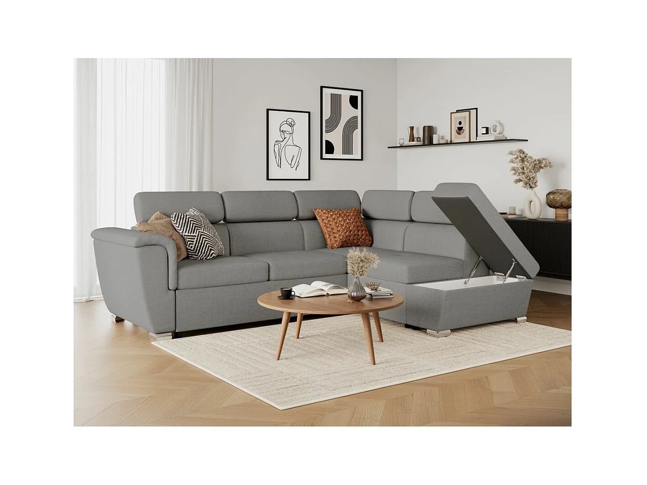 Canapé d'angle droit convertible 4 places Paola avec coffre en tissu - Gris clair - L252 x P188 x H76cm - Loungitude