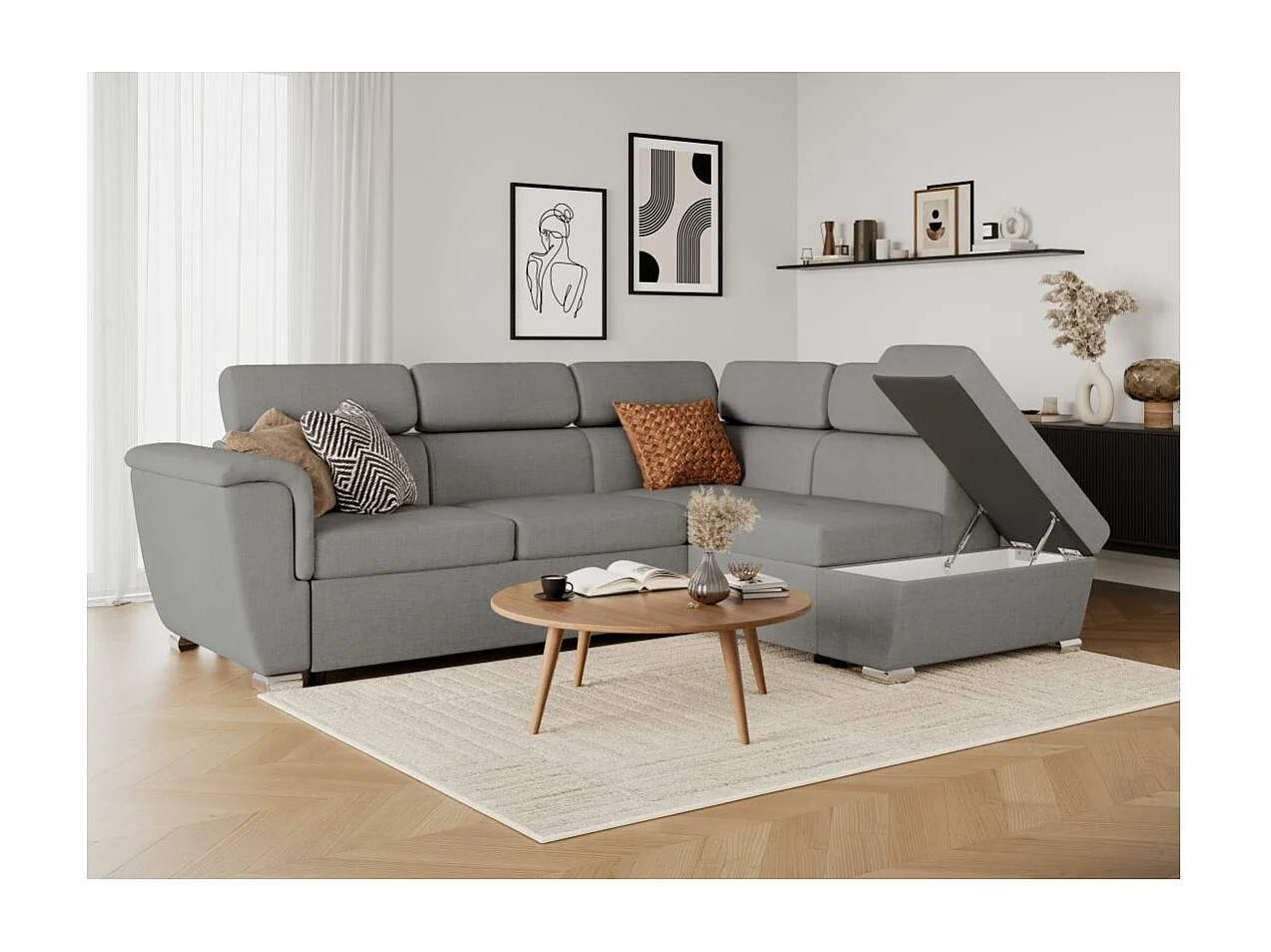 Canapé d'angle droit convertible 4 places Paola avec coffre en tissu - Gris clair - L252 x P188 x H76cm - Loungitude