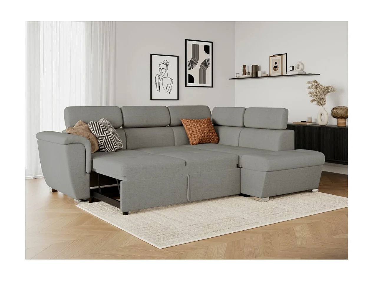 Canapé d'angle droit convertible 4 places Paola avec coffre en tissu - Gris clair - L252 x P188 x H76cm - Loungitude