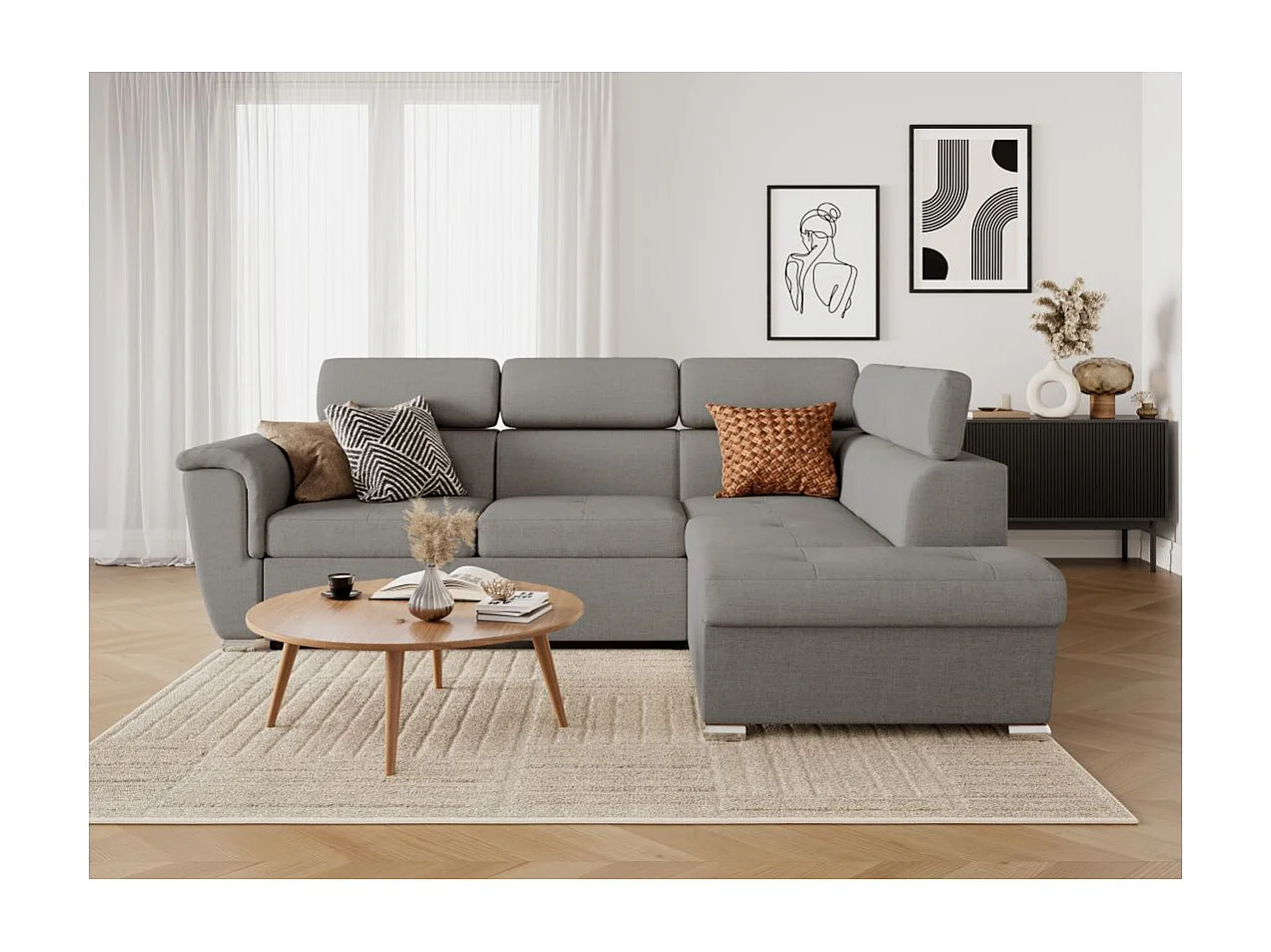 Canapé d'angle droit convertible 4 places Paola avec coffre en tissu - Gris clair - L252 x P188 x H76cm - Loungitude