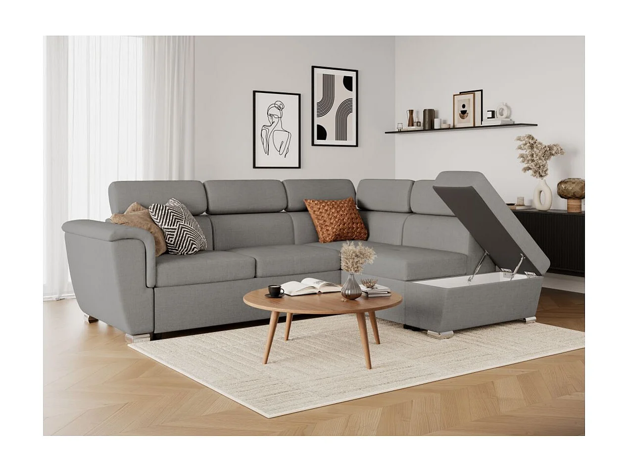 Canapé d'angle droit convertible 4 places Paola avec coffre en tissu - Gris clair - L252 x P188 x H76cm - Loungitude
