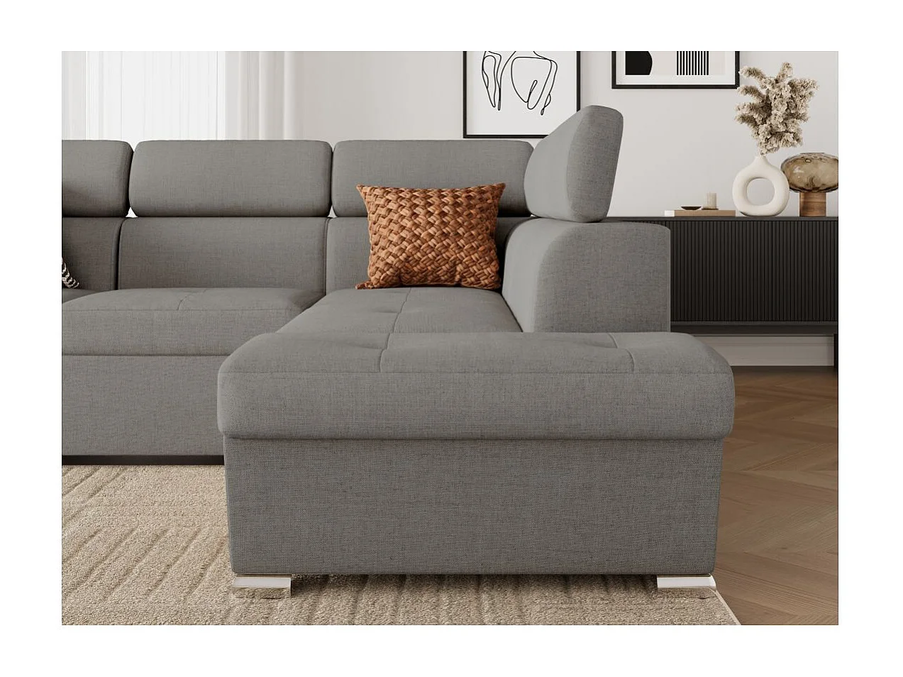 Canapé d'angle droit convertible 4 places Paola avec coffre en tissu - Gris clair - L252 x P188 x H76cm - Loungitude