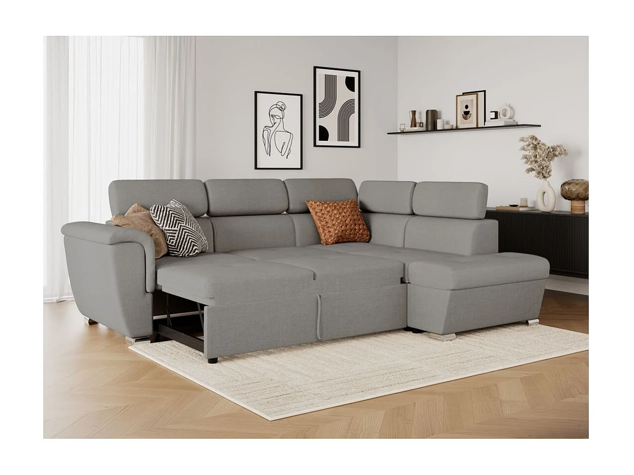 Canapé d'angle droit convertible 4 places Paola avec coffre en tissu - Gris clair - L252 x P188 x H76cm - Loungitude